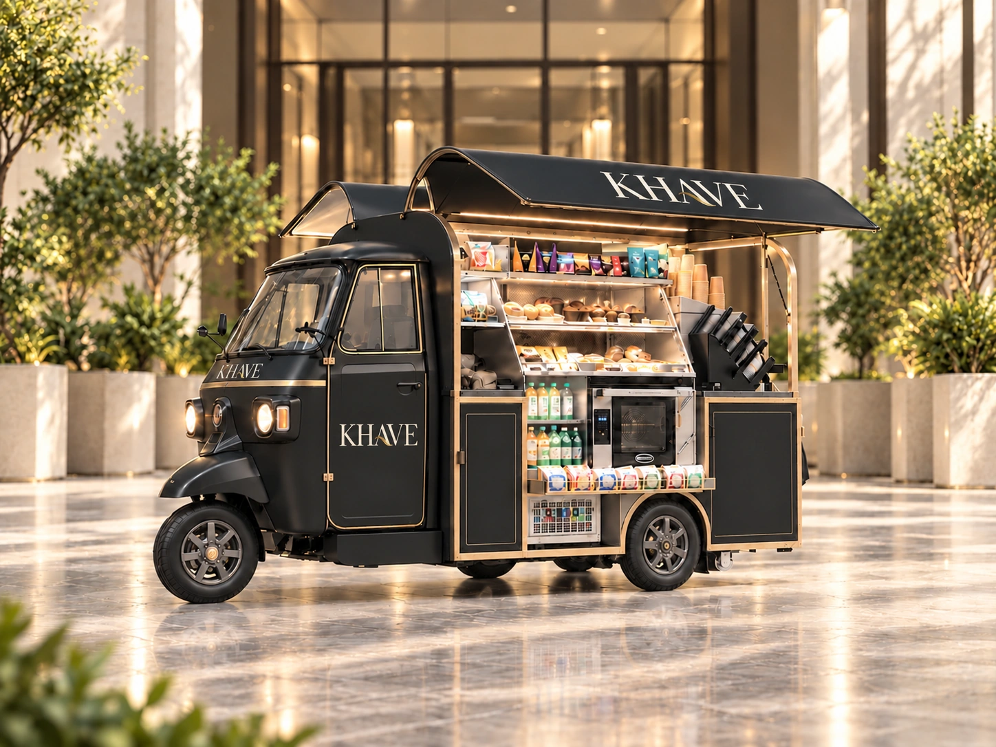 The black KHAVE coffee unit with warm lighting and surrounding lobby greenery