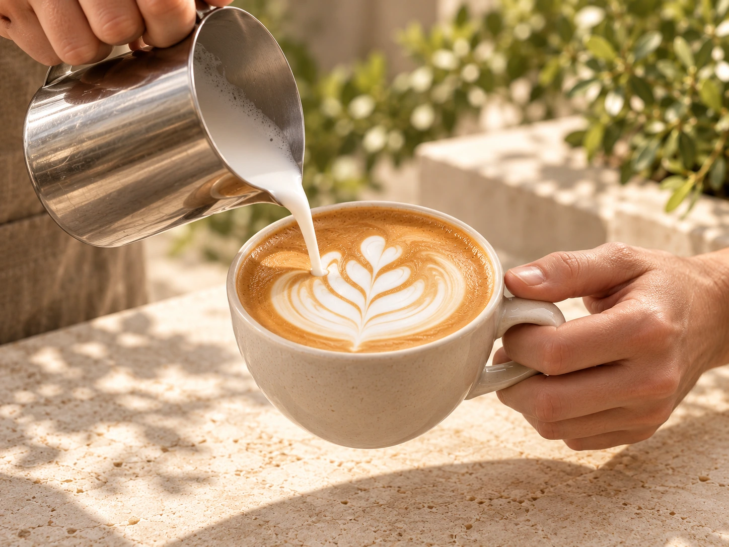 A barista pouring latte art into an ivory cup