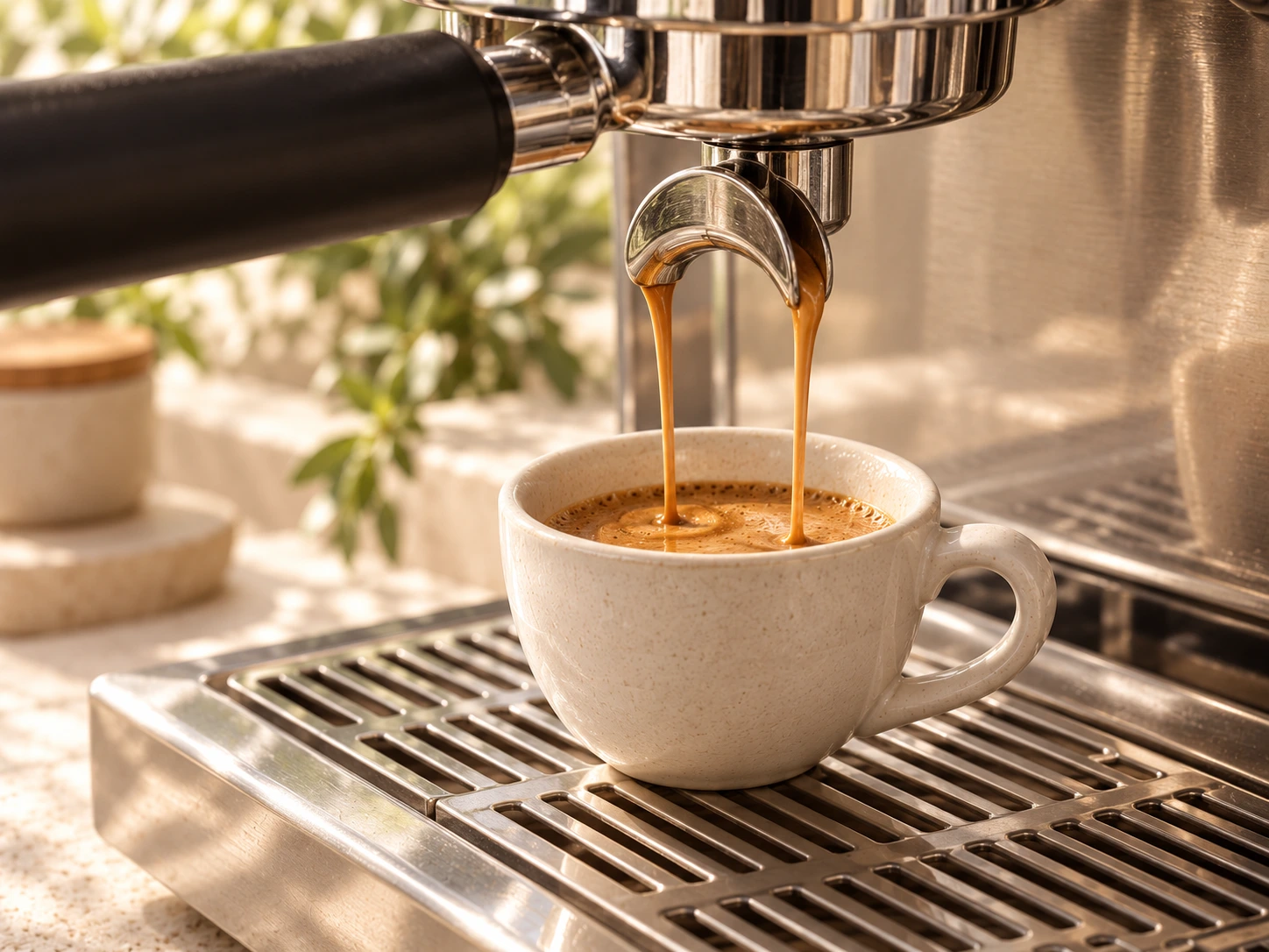 Espresso pouring into an ivory ceramic cup