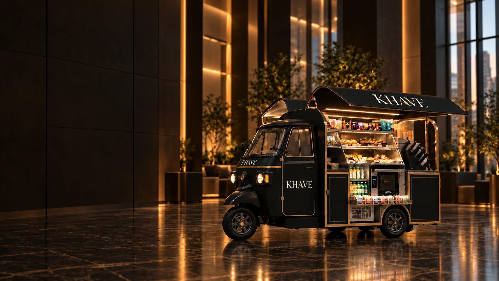 KHAVE coffee unit in black, in a warm stone lobby with greenery