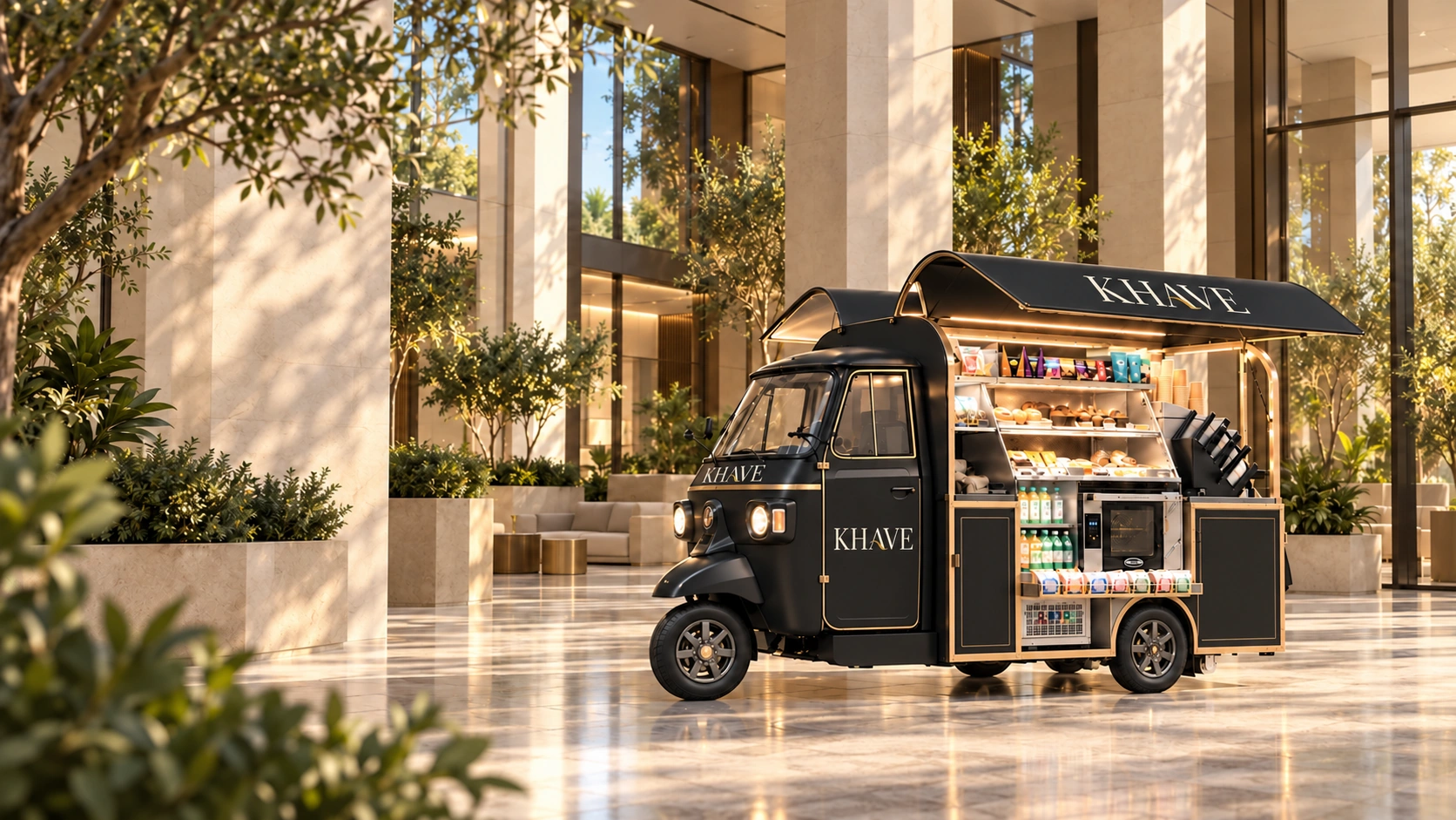 KHAVE coffee unit in black, in a warm stone lobby with greenery