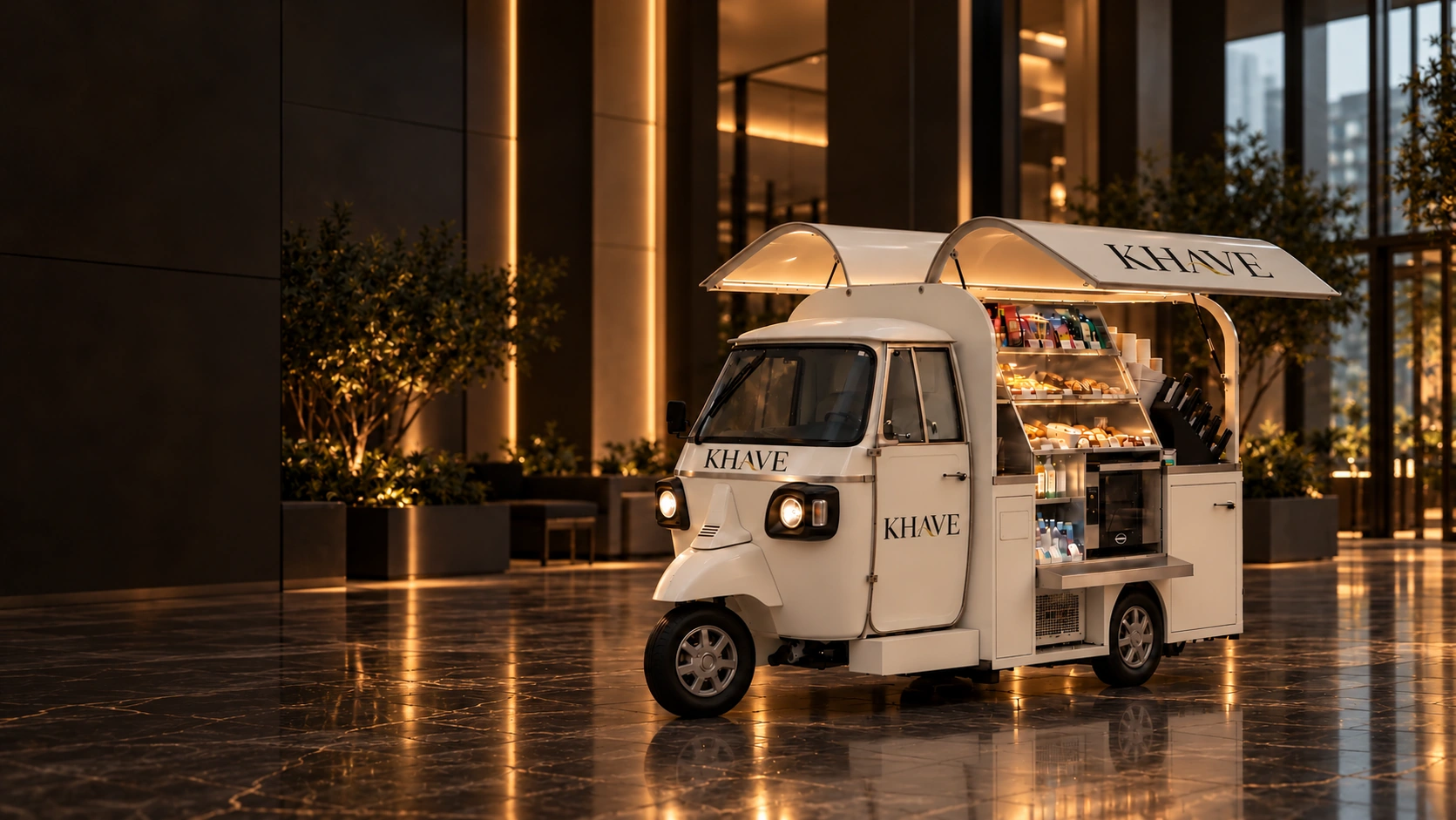 KHAVE coffee unit in ivory, in a warm stone lobby with greenery