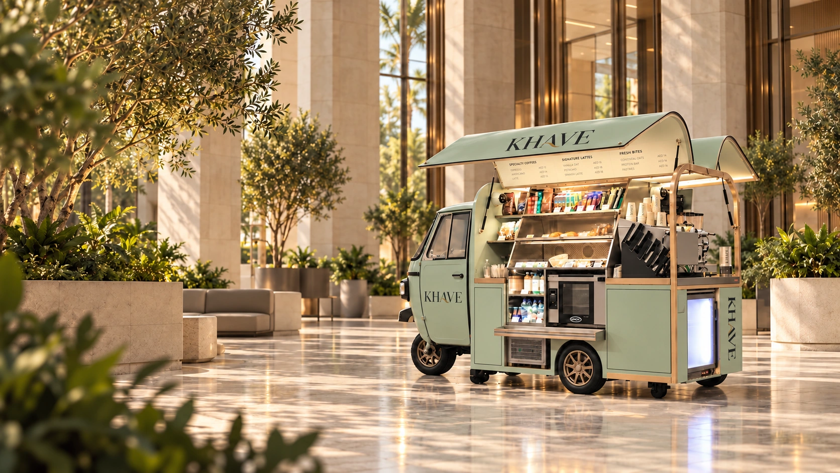 KHAVE coffee unit in sage, in a warm stone lobby with greenery