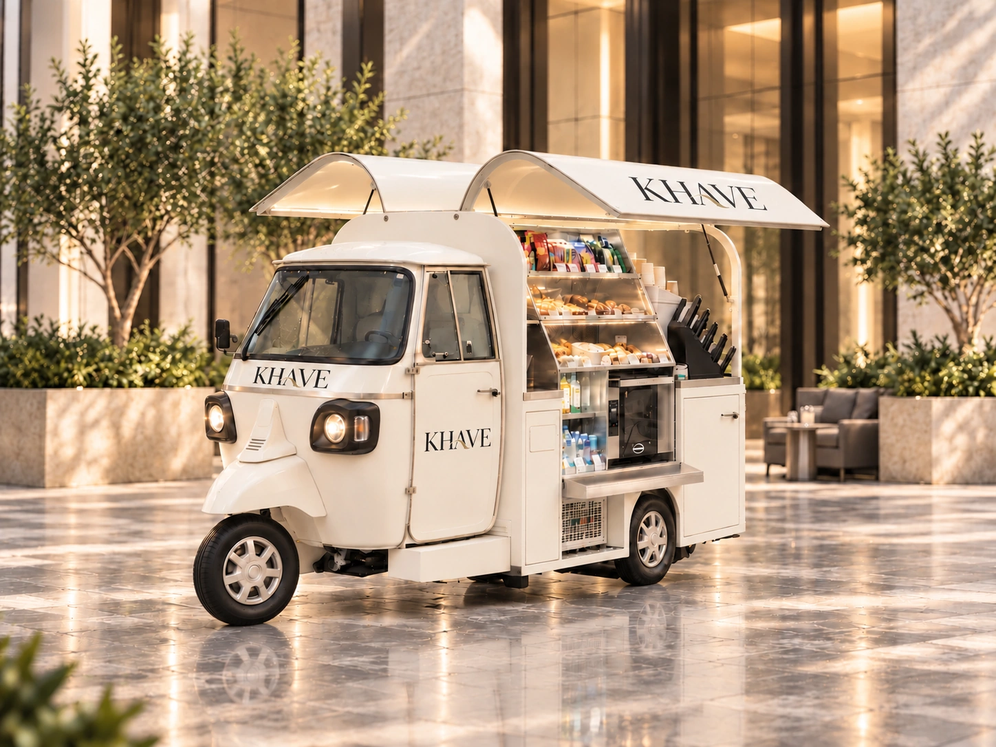 The ivory KHAVE unit with its arched canopy and integrated glass display, in a travertine lobby