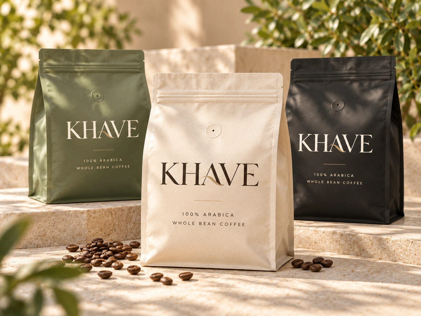 KHAVE whole-bean coffee bags in ivory, sage and charcoal on pale limestone