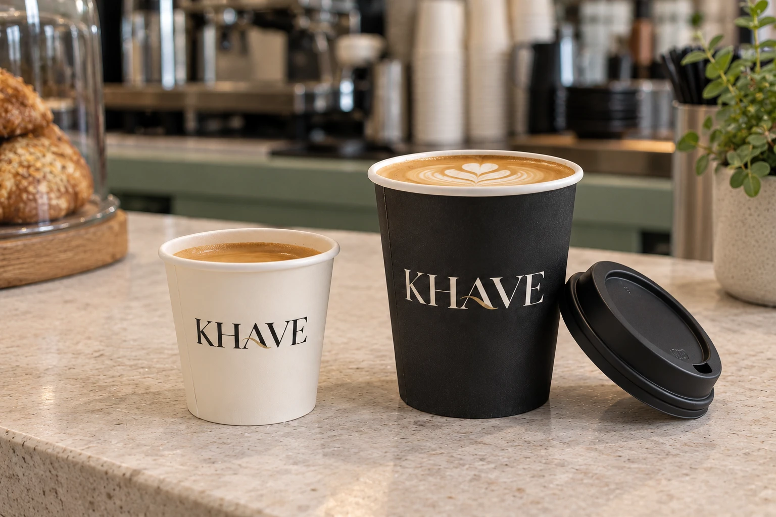 Espresso and flat white in ivory and black KHAVE cups, with a black takeaway lid