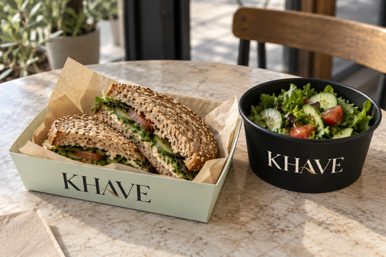 Sandwich in a sage KHAVE tray and salad in a black KHAVE bowl