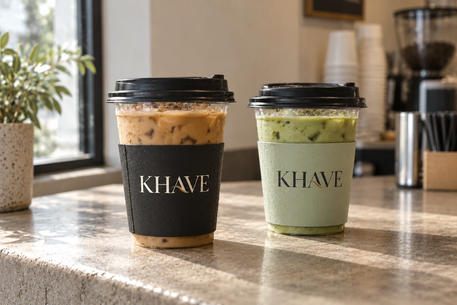 Iced latte and matcha in black and sage KHAVE sleeves with black sip lids