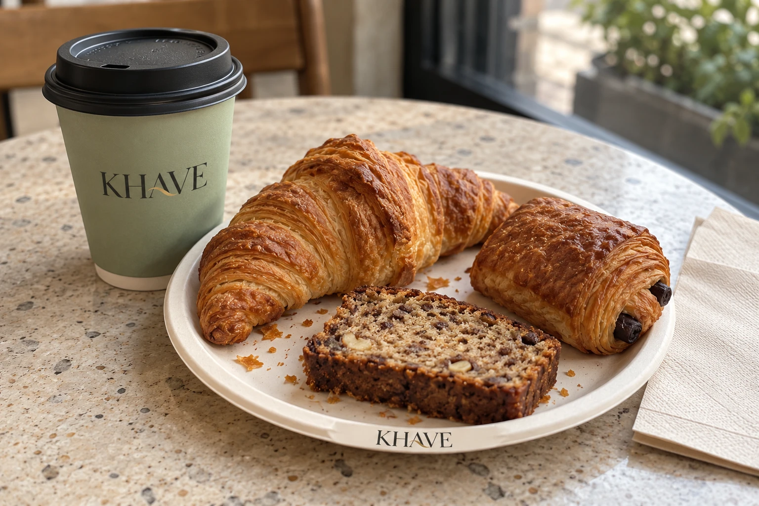 Pastries on an ivory KHAVE plate beside a sage takeaway cup with a black lid