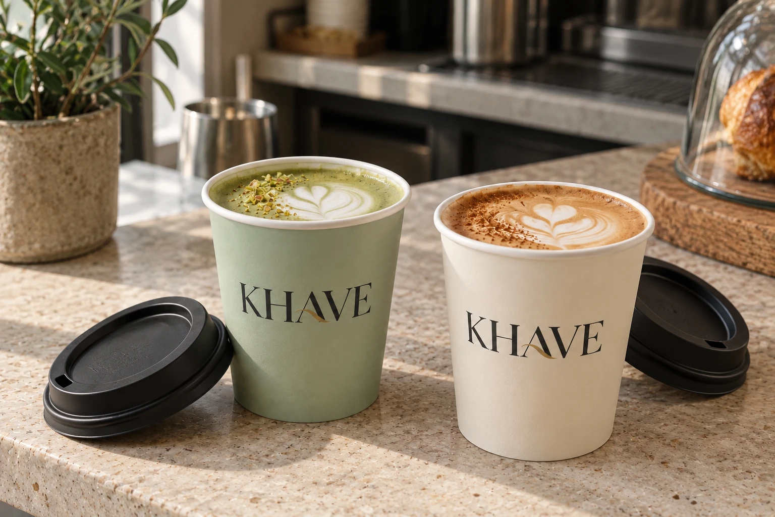 Pistachio and Spanish lattes in sage and ivory KHAVE cups with black lids alongside