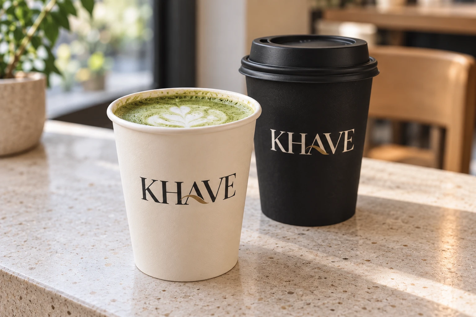 Matcha and tea in ivory and black KHAVE cups, with a fitted black lid