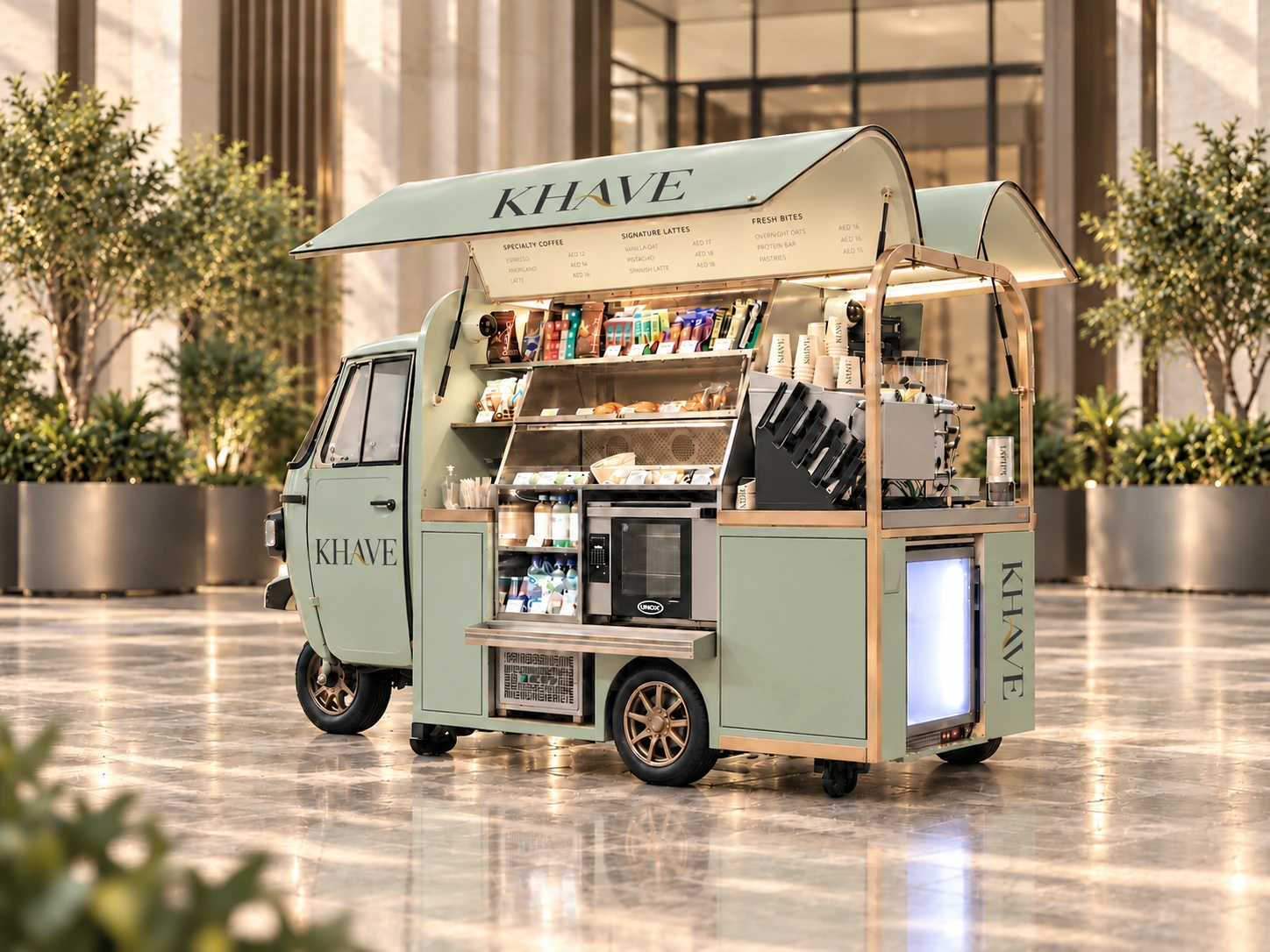 The sage KHAVE unit with its canopy menu board, pastry display, chilled drinks and espresso station